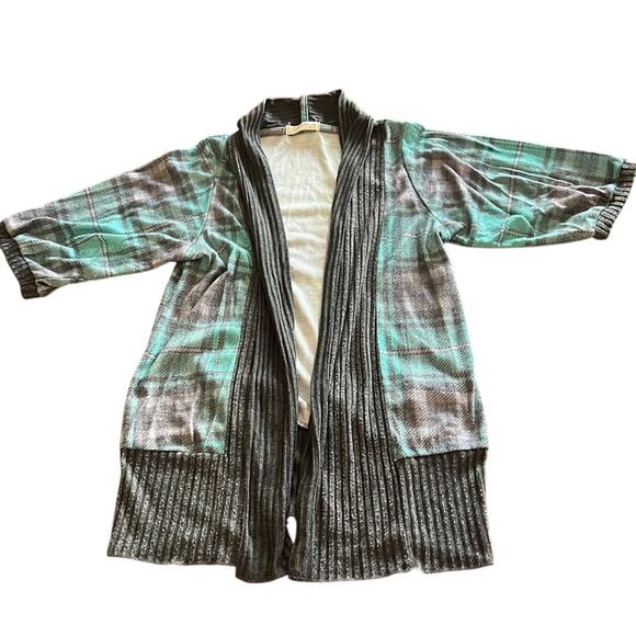 Poison Ivy Gray & Aqua Plaid Knit Open Front Cardigan Top Juniors Size Medium - Picture 6 of 8